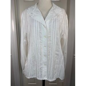 Vintage White Pintuck Lace Collar Button Front Blouse Long Sleeve Cotton Top